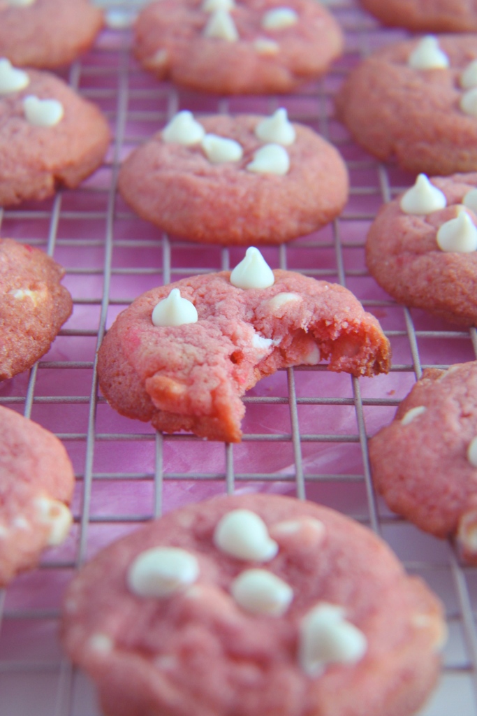 pink velvet cookies with white chocolate chips